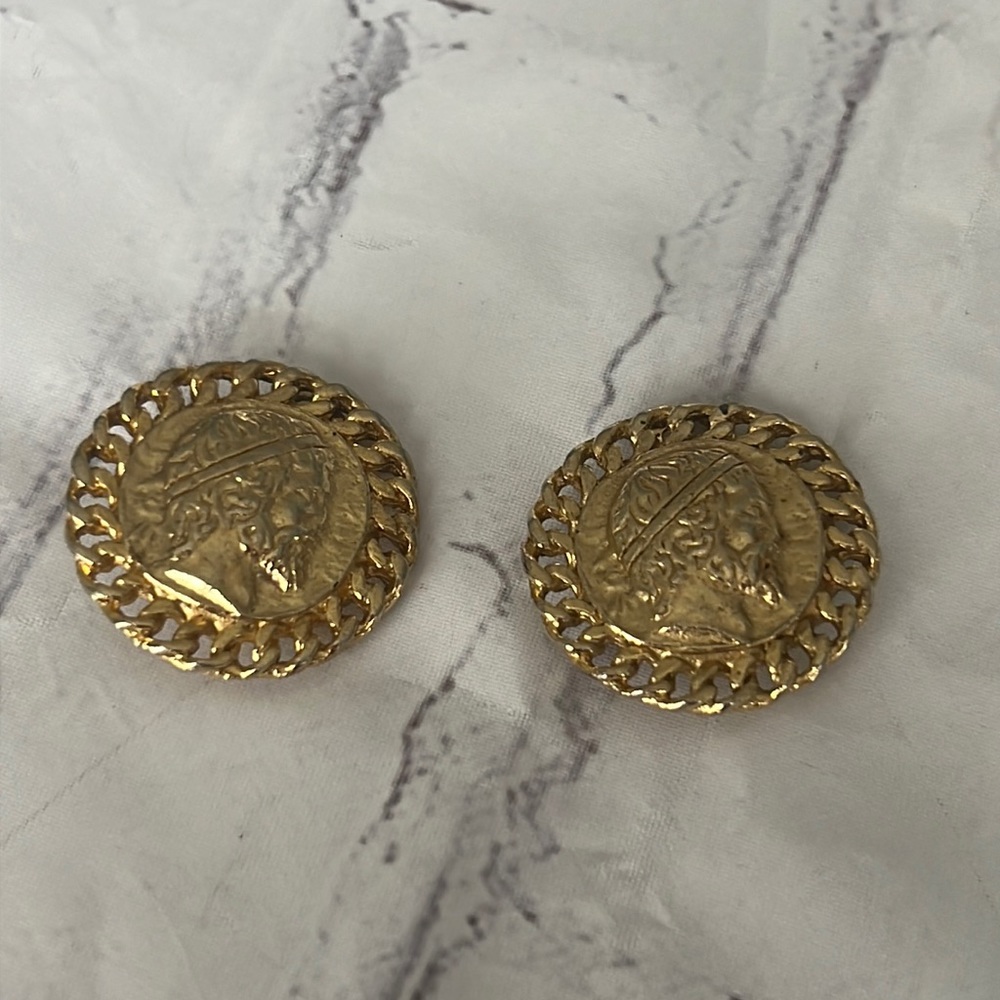 80’s chunky STATEMENT gold tone ROMAN COIN clip On earrings